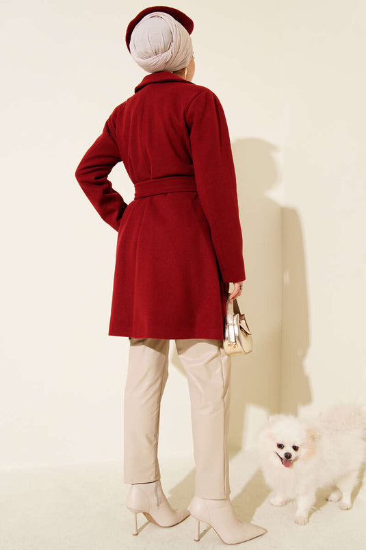 Burgundy One-Shoulder Epaulette Button-Detailed Kaşe Coat