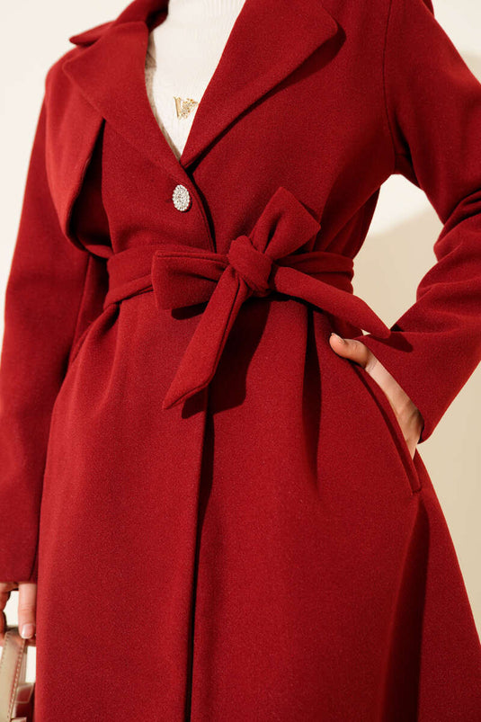 Burgundy One-Shoulder Epaulette Button-Detailed Kaşe Coat