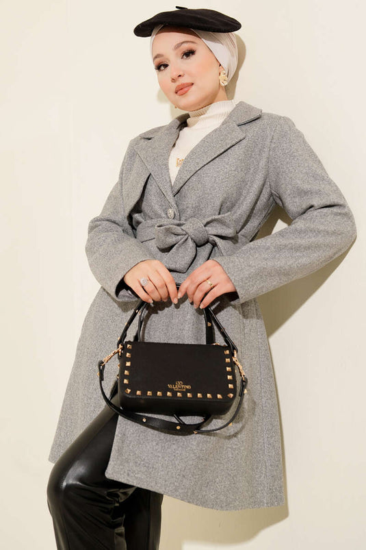 Single-Shoulder Epaulette Button-Detailed Kaşe Coat Grey