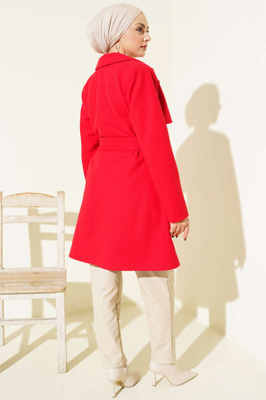 Tek Omuz Apoletli Düğme Detaylı Kaşe Kaban Kırmızı