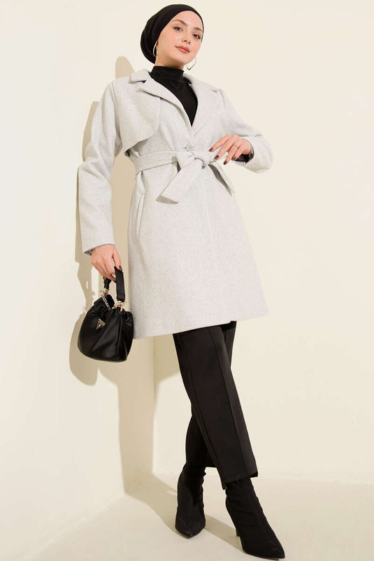 Tek Omuz Apoletli Düğme Detaylı Kaşe Kaban Melanj Gri