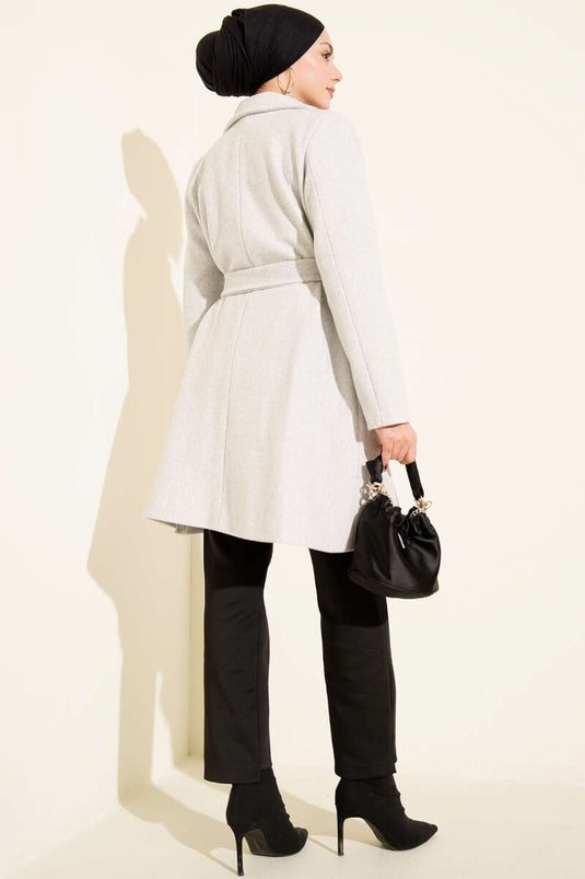 Tek Omuz Apoletli Düğme Detaylı Kaşe Kaban Melanj Gri