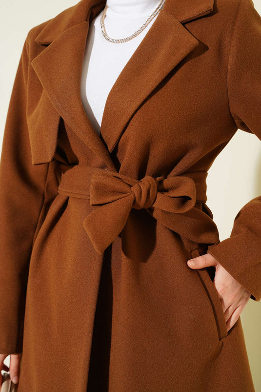 Single Shoulder Epaulette Button Detailed Cashmere Coat Tan