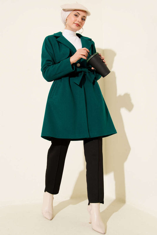 Tek Omuz Apoletli Düğme Detaylı Kaşe Kaban Zümrüt