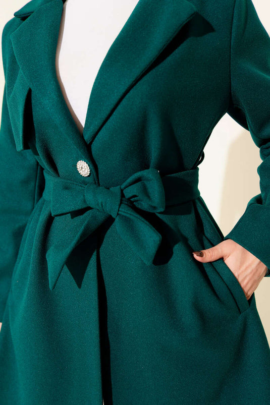 Tek Omuz Apoletli Düğme Detaylı Kaşe Kaban Zümrüt