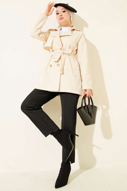 One-Shoulder Epaulette Buttoned Trench Coat Beige