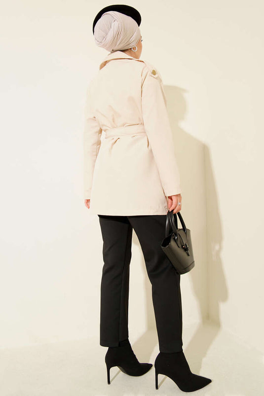 One-Shoulder Epaulette Buttoned Trench Coat Beige