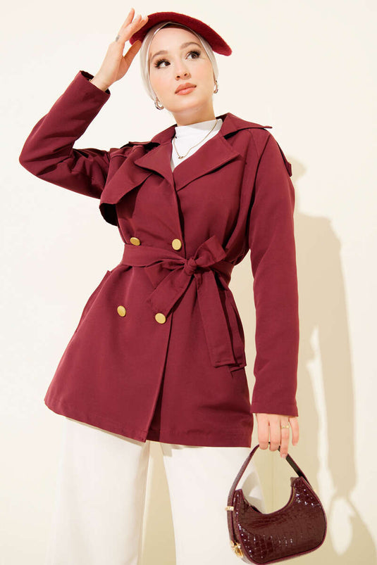 One-Shoulder Epaulette Buttoned Trench Coat Burgundy