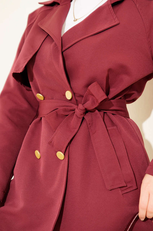 One-Shoulder Epaulette Buttoned Trench Coat Burgundy