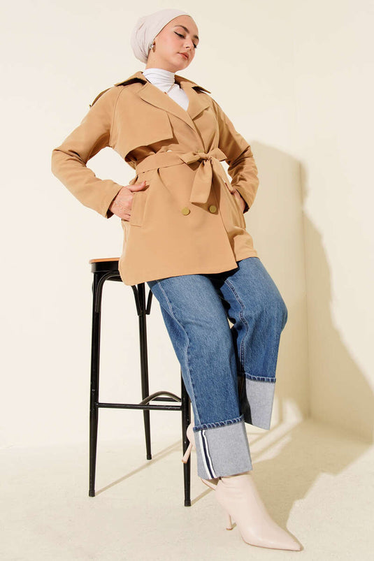 Tek Omuz Apoletli Düğmeli Trençkot Camel