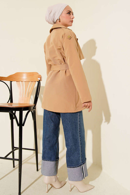 Tek Omuz Apoletli Düğmeli Trençkot Camel