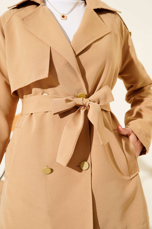 Single Shoulder Epaulette Buttoned Trench Coat Camel