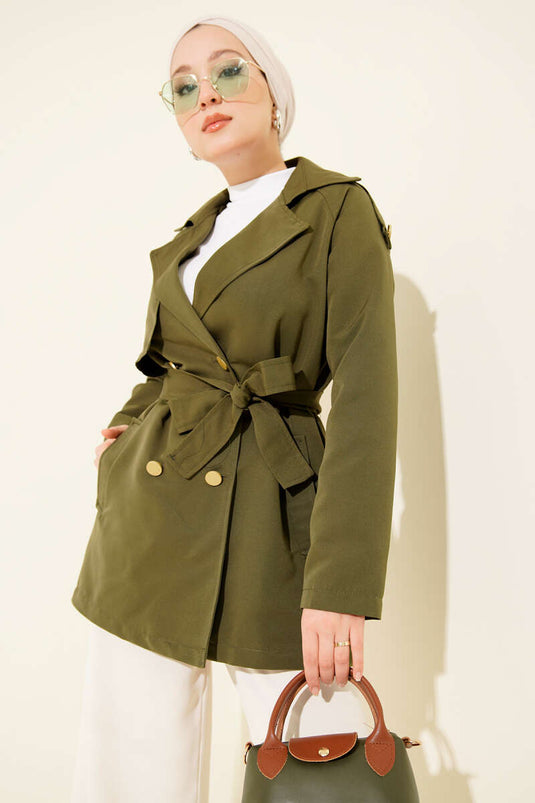 One Shoulder Epauletted Buttoned Trench Coat Khaki