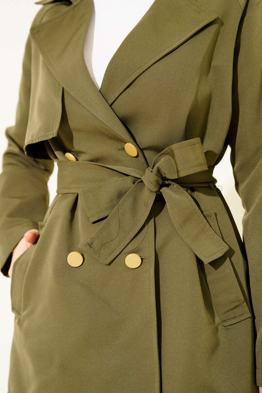 One Shoulder Epauletted Buttoned Trench Coat Khaki