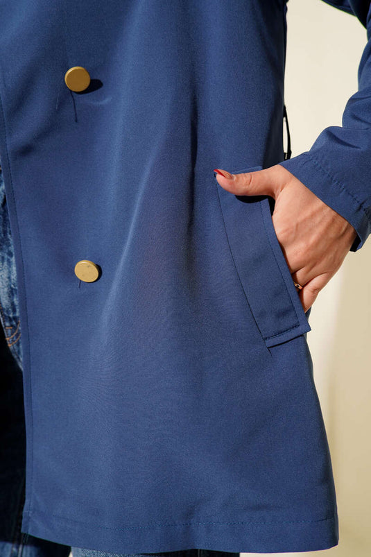Indigo One-Shoulder Buttoned Trench Coat with Epaulets