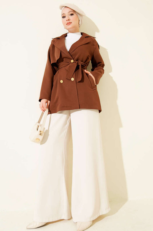 One Shoulder Epauleted Buttoned Trench Coat Coffee