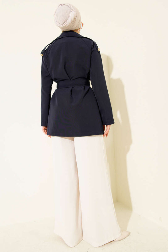 Navy Blue One-Shoulder Appliquéd Buttoned Trench Coat