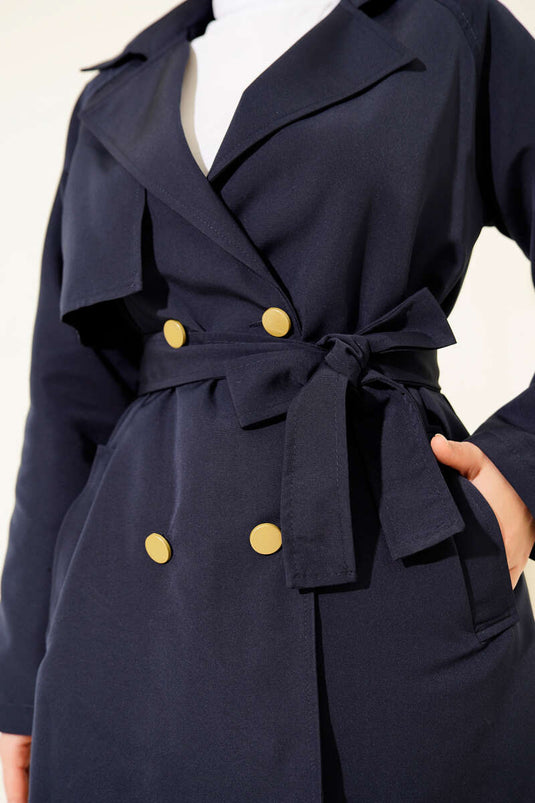 Navy Blue One-Shoulder Appliquéd Buttoned Trench Coat