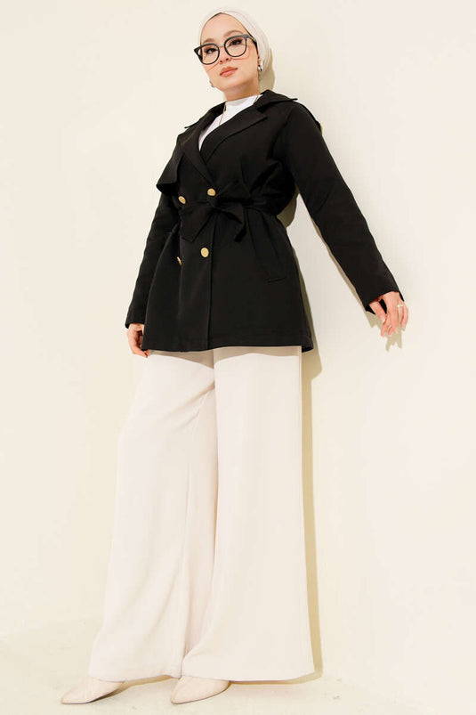 Single Shoulder Epaulet Buttoned Trench Coat Black