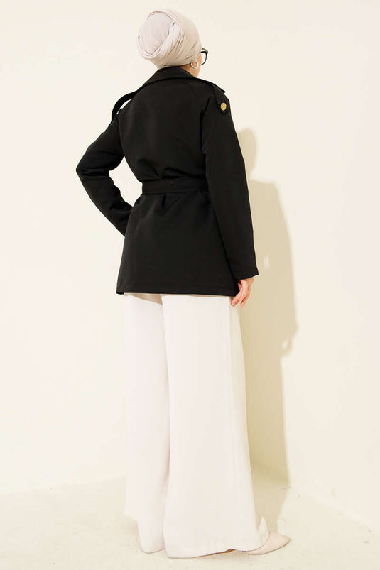 Single Shoulder Epaulet Buttoned Trench Coat Black