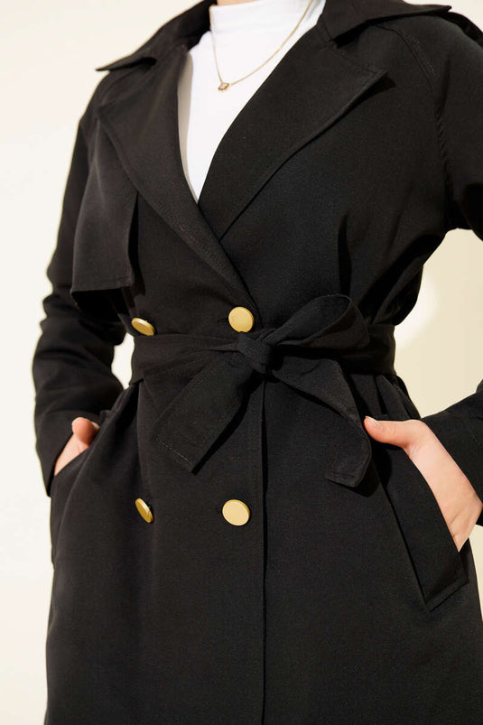 Single Shoulder Epaulet Buttoned Trench Coat Black