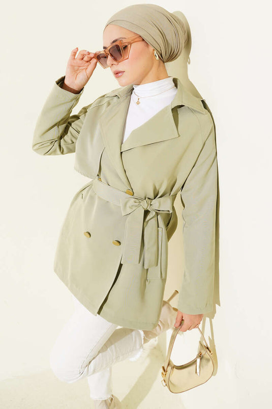 Tek Omuz Apoletli Düğmeli Trençkot Su Yeşili