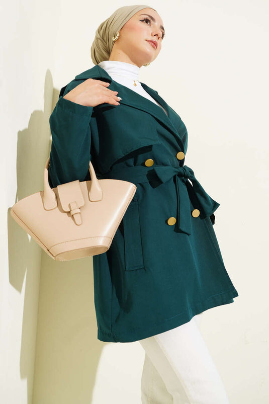 Tek Omuz Apoletli Düğmeli Trençkot Zümrüt
