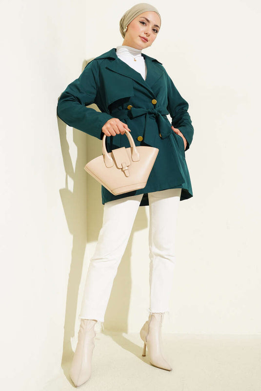 Tek Omuz Apoletli Düğmeli Trençkot Zümrüt