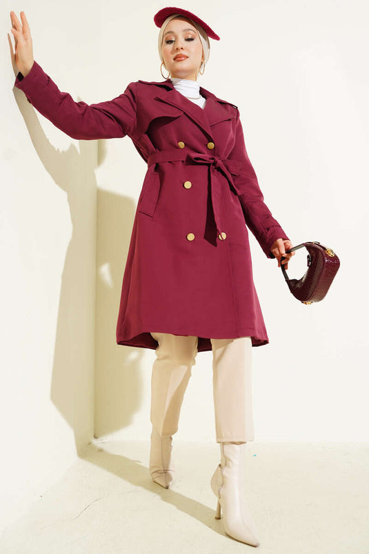 معطف ترنش بكتف واحد وصدر مزدوج، لون عنابي