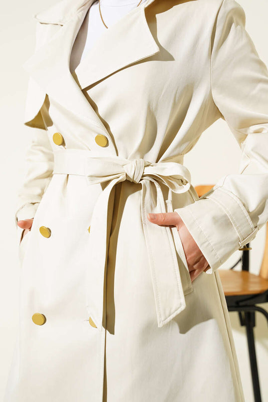 Single Shoulder Epaulette Double Breasted Trench Coat Ecru