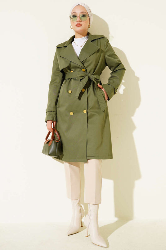 One Shoulder Epaulette Double Breasted Trench Coat Khaki