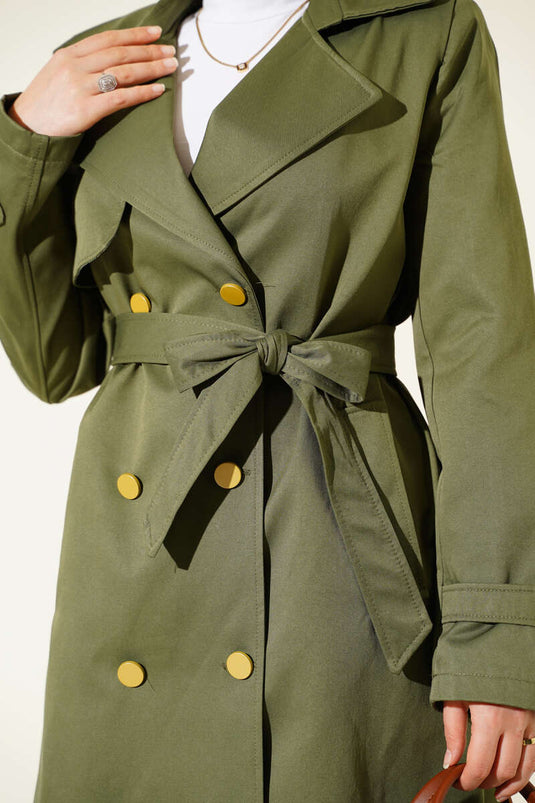 One Shoulder Epaulette Double Breasted Trench Coat Khaki