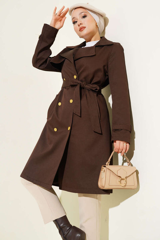 معطف ترنش بني بكتف واحد وصدر مزدوج