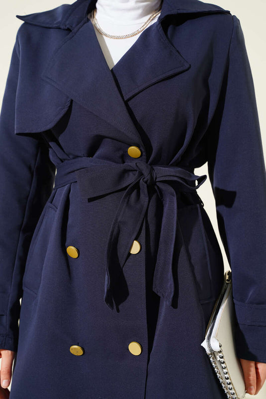 Tek Omuz Apoletli Kruvaze Trençkot Lacivert