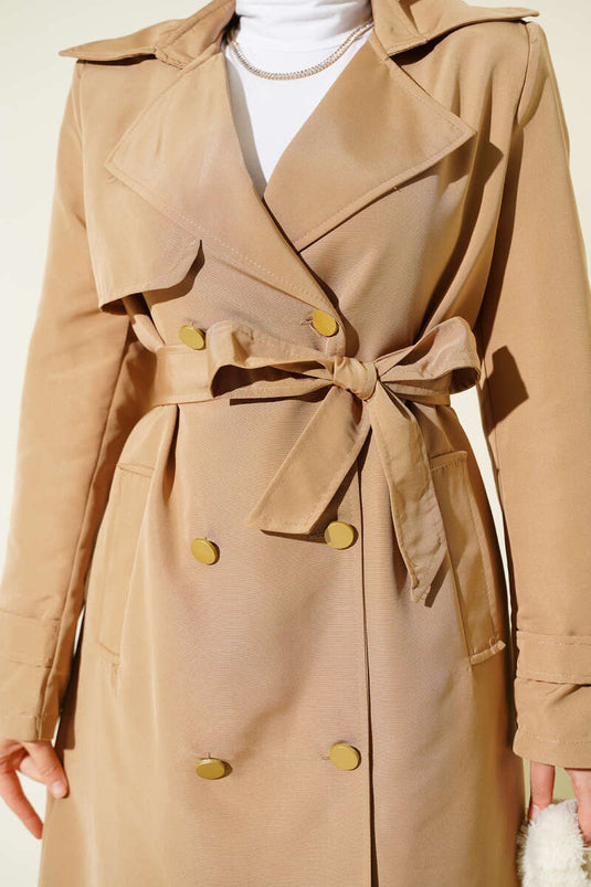 Tek Omuz Apoletli Kruvaze Trençkot Latte