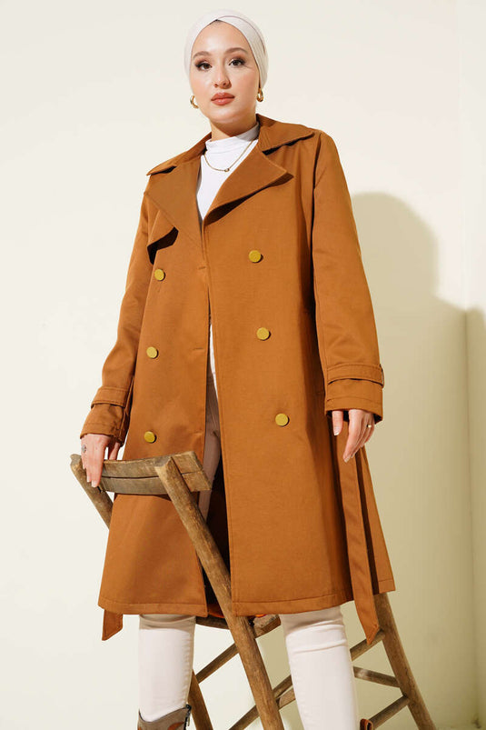 Zweireihiger Trenchcoat mit einseitiger Schulterklappe und Epauletten in Hellbraun