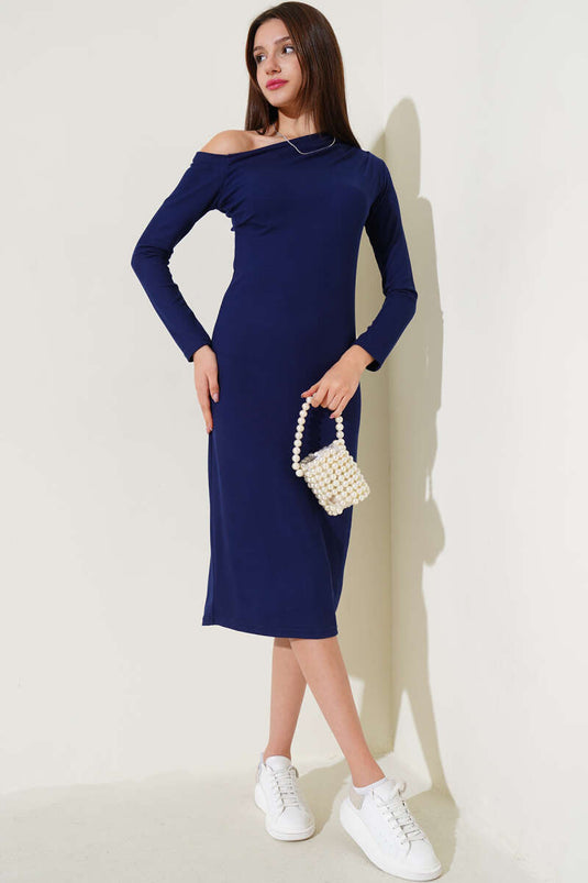 One Shoulder Basic Dress Navy Blue