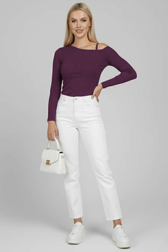 One-Shoulder Strappy Blouse, Plum