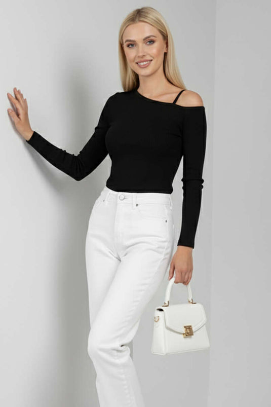 One-Shoulder Strappy Blouse Black