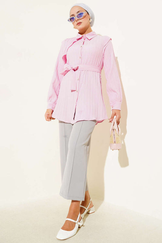 One Shoulder Cape Belted Shirt Pink