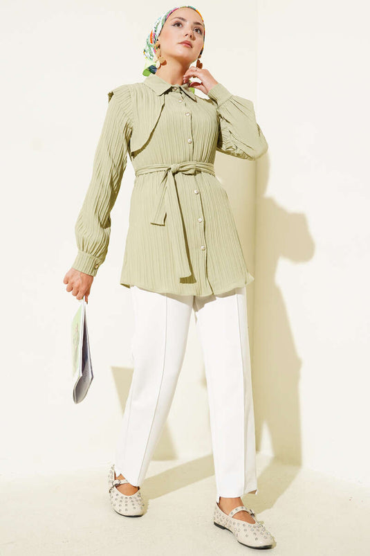 Chemise cape à une épaule avec ceinture vert aqua