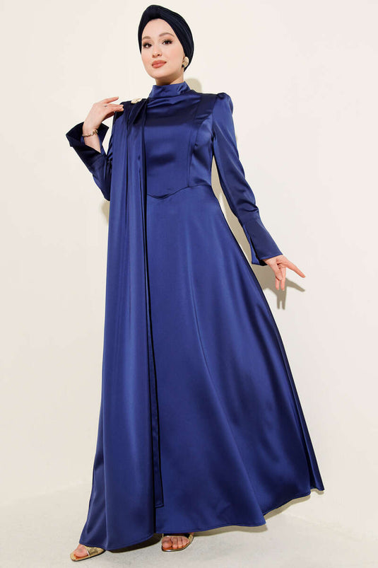 عباءة ساتان كحلية اللون بكتف واحد