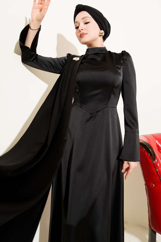 Tek Omuz Pelerinli Saten Abiye Siyah