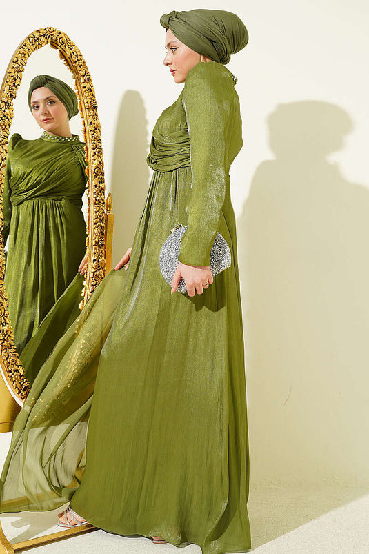 Single Shoulder Cape Embellished Evening Dress Khaki