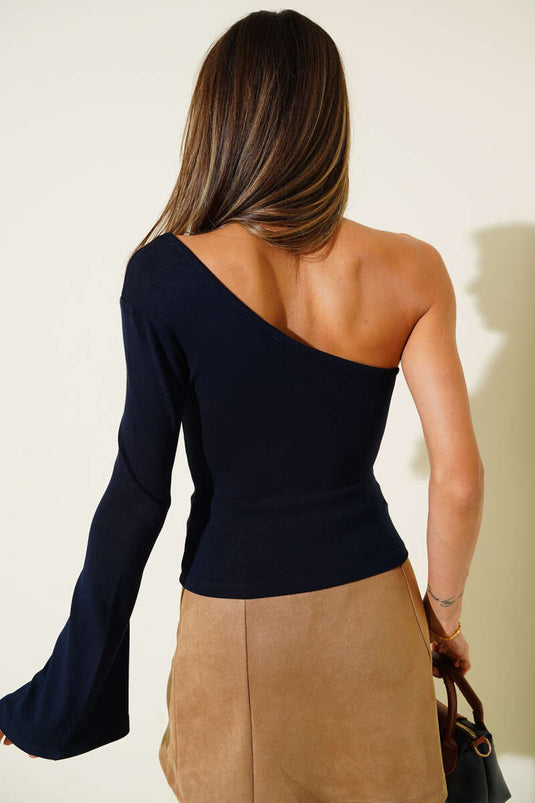 One-Shoulder Basic Blouse Navy Blue