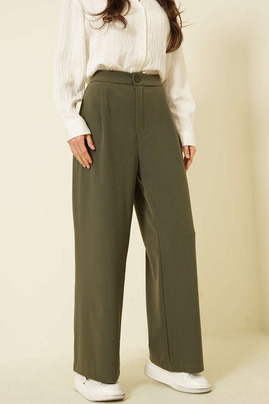 بنطال قماش بأزرار وثنيات فردية بلون زيتي