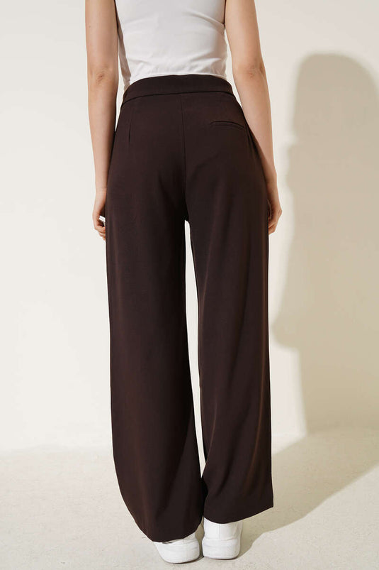 Tek Pileli Düğmeli Kumaş Pantolon Kahve