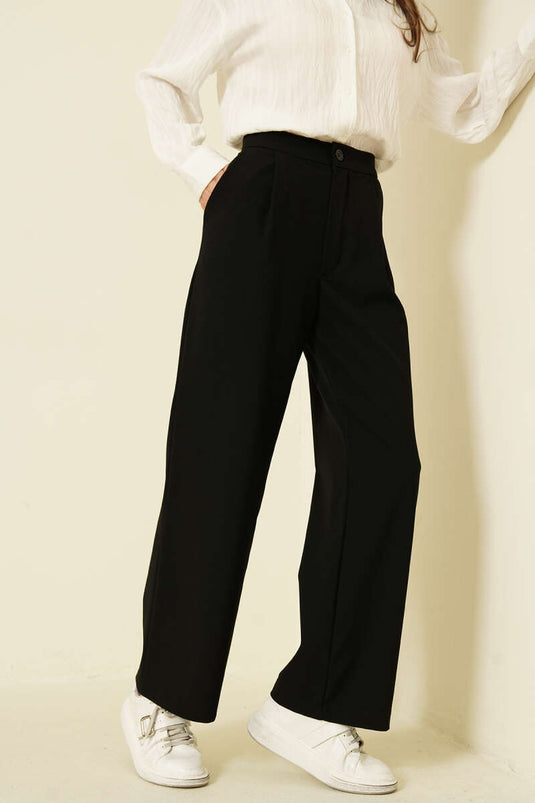 Single-Pleated Buttoned Fabric Trousers Black