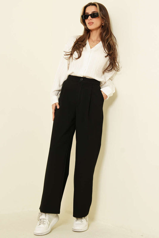 Tek Pileli Düğmeli Kumaş Pantolon Siyah