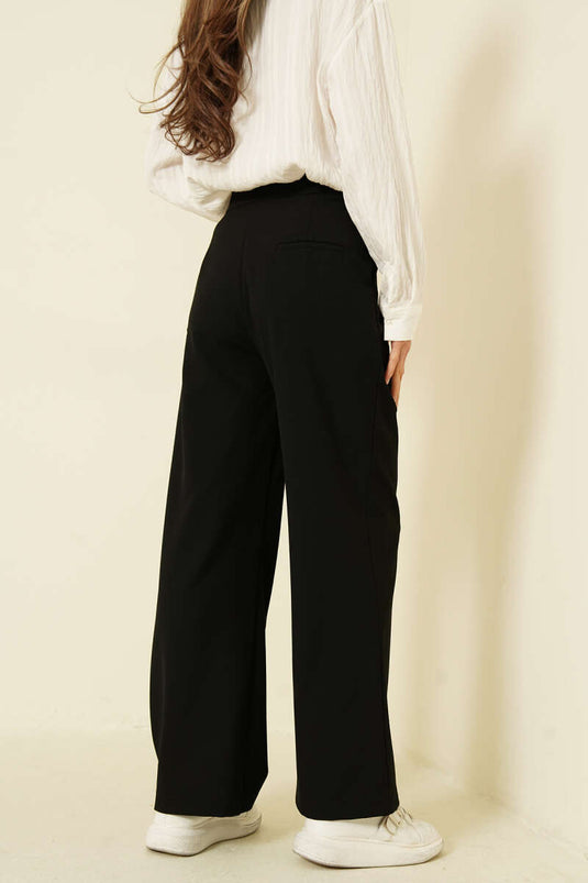 Tek Pileli Düğmeli Kumaş Pantolon Siyah